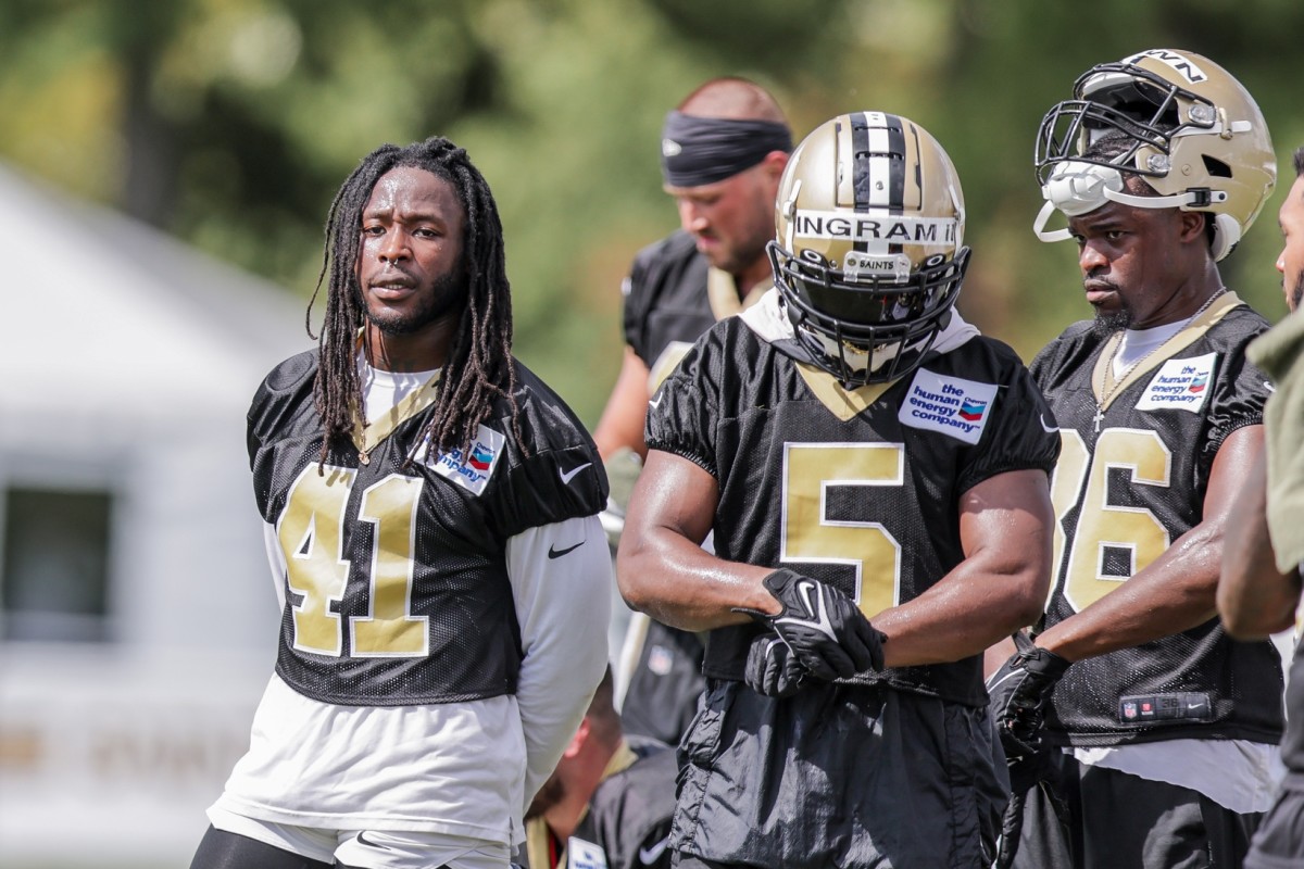New Orleans Saints running backs Alvin Kamara (41) and Mark Ingram II (5) looks on during training camp at Ochsner Sports Performance Center. Mandatory Credit: Stephen Lew-USA TODAY Sports